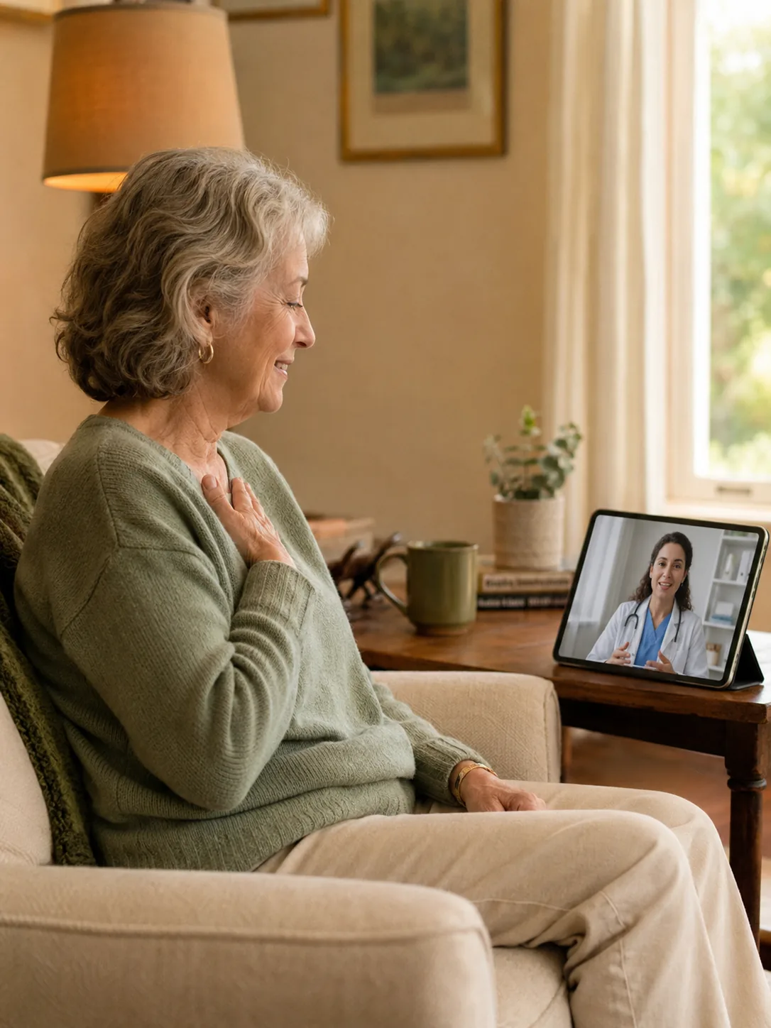 Patient having a telehealth video consultation with her PremierMD physician from home